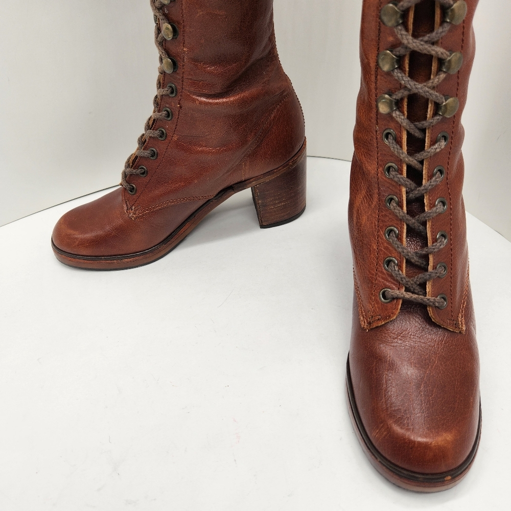 Vintage Thom McAn boots women 6.5 brown leather lace up knee high heel Made USA - Picture 6 of 16